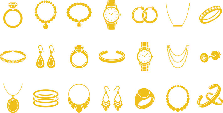 Gold jewelry silhouette icon collection featuring necklaces hoop earrings bangles watches rings for luxury fashion branding.