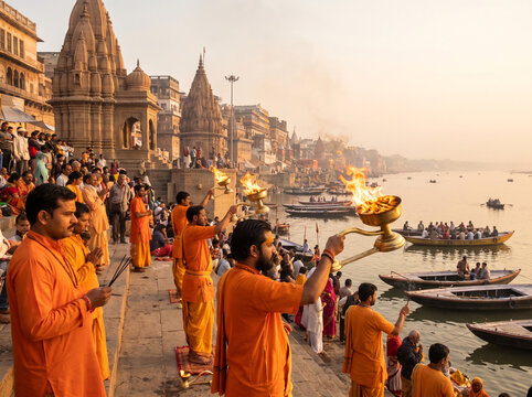 Hindu priests performing Ganga Aarti ritual with fire lamps and incense on the banks of the Ganges River in Varanasi, India, depicting traditional culture and spiritual devotion.