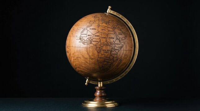 A golden globe rests on a dark wooden table. The globe is intricately detailed with a map of Africa, featuring countries like Algeria, Egypt, Sudan, and Nigeria.