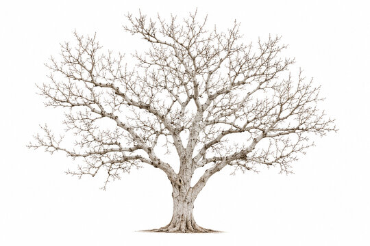 Large bare deciduous tree standing isolated against a solid white background space.