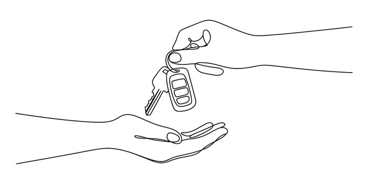 One line drawing of a person giving car keys to another person hand