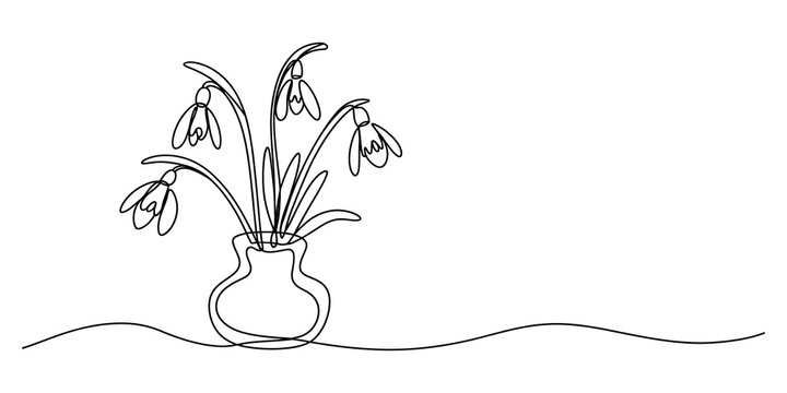 Continuous line drawing of snowdrop flowers in a glass vase
