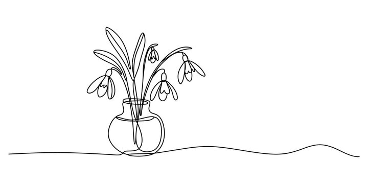Continuous line drawing of snowdrop flowers in a glass vase