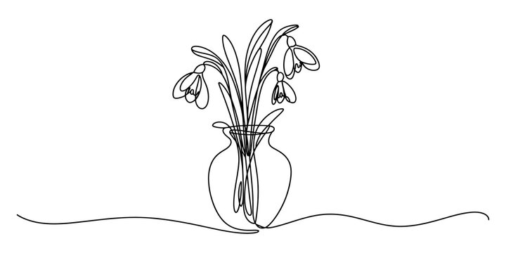 Continuous line drawing of snowdrop flowers in a glass vase