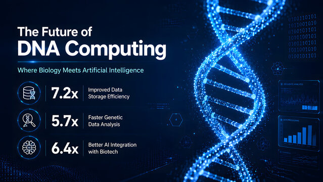 DNA computing vector background with glowing digital helix structure. Modern biotechnology dashboard features genetic data stats and icons. Ideal template for science slides.