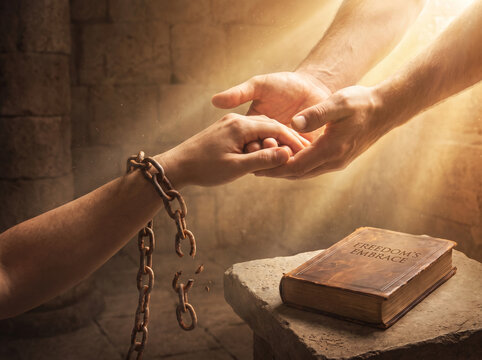 Helping Hand Reaching Out to Chained Arm with Broken Shackles in Divine Light, Concept of Freedom, Salvation, and Spiritual Redemption