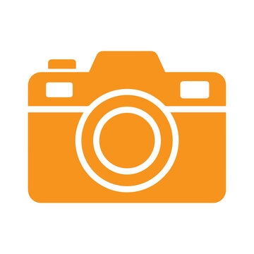 Camera icon displayed in vibrant orange color representing digital imaging tools.