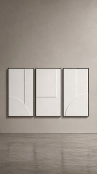 Blank white art panel triptych on warm gray wall
