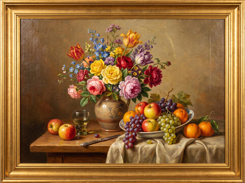 Classic Still Life Oil Painting with Vibrant Flowers in a Vase, Fresh Fruits, and a Goblet on a Wooden Table
