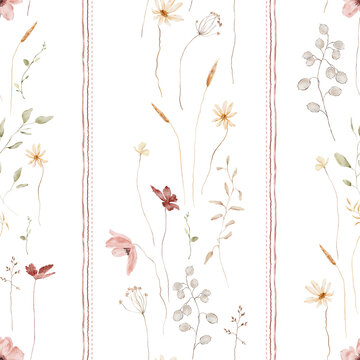 Watercolor Botanical Vertical Striped Seamless Pattern with Daisies, Wheat, Lunaria Pods and Wildflowers with Decorative Dashed Borders on White Background. Muted pastel colour Scandinavian or boho