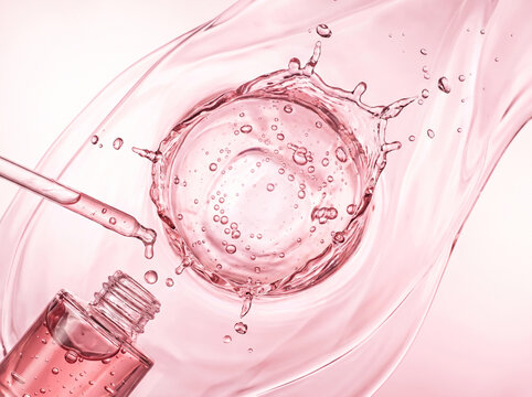 Cosmetic skincare serum dropper with pink liquid splash texture and bubbles for beauty and anti-aging concept