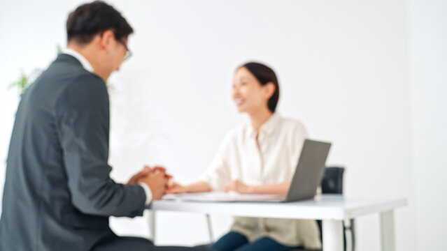 A man and a woman in a meeting. Blurred image for illustrative purposes. Customer service, consultation, business, sales, client, B2C, handshake, contract, sales transaction.