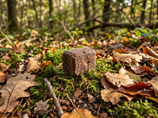 Fototapeta premium Oral Rabies Vaccine Bait Block on Autumn Leaves in Wild Forest