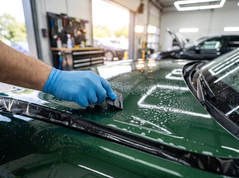 Professional technician applying protective film on a luxury car hood using a squeegee in a modern automotive workshop