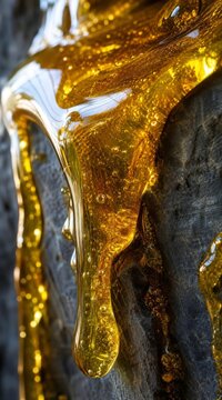 Translucent raw honey cascading down dark slate rock slab