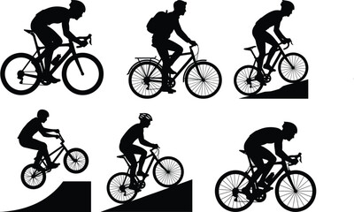 Naklejka premium Dynamic black silhouettes of diverse cyclists showcasing racing, commuting, mountain biking, BMX tricks, and uphill climbing activities for vector illustration design