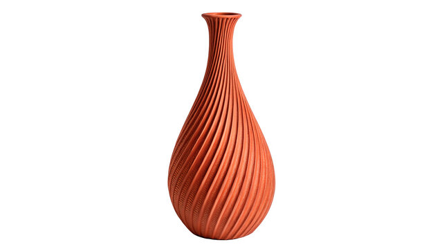 Modern orange ceramic vase with textured pattern isolated on transparent background for interior decoration.