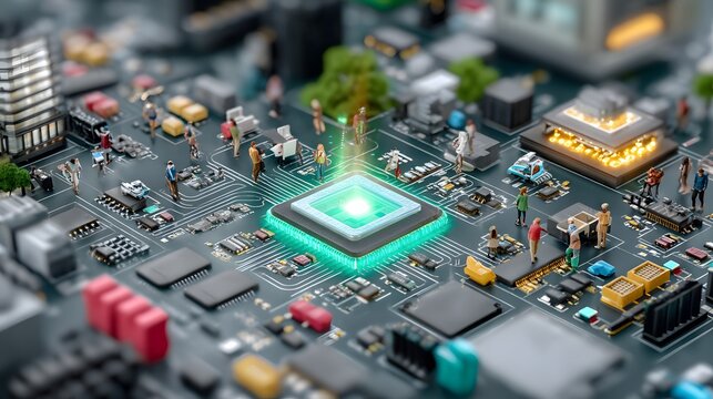 Miniature People on a Glowing Circuit Board, Representing Technology and Connectivity