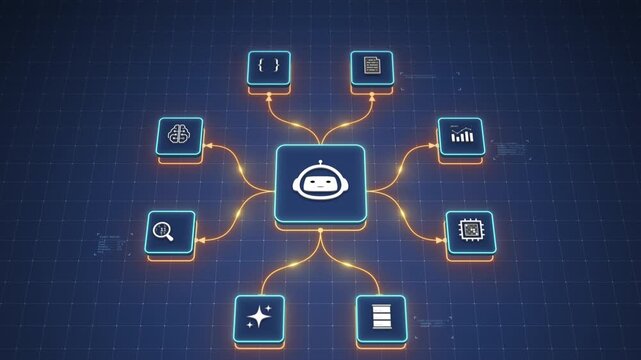 AI Agent Learning Core Connecting Intelligence and Data Processing Modules Motion Graphics