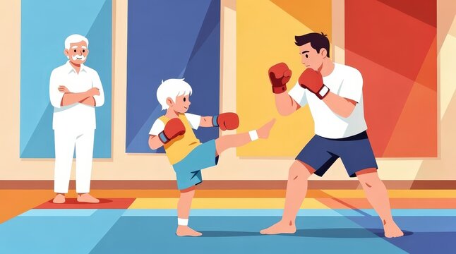 Young Boy Practicing Boxing with Coach in Colorful Gym, Bright and Energetic Atmosphere, Observant Elderly Man in Background, Vibrant Color Blocks on Walls, Capturing Determination and Mentorship