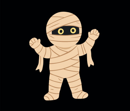 Cute cartoon mummy character for Halloween, cute spooky mummy monster vector illustration on black background