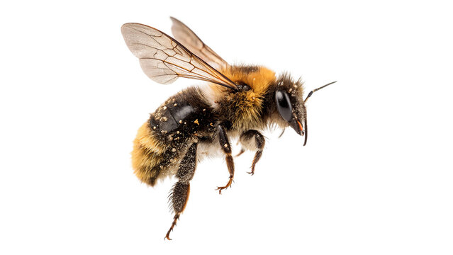 Detailed worker honey bee flying insect isolated on transparent background for wildlife biodiversity honey production.
