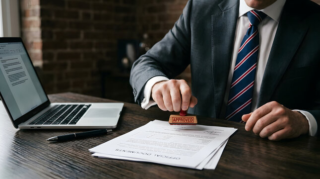 Professional approving official documents with stamp at wooden desk