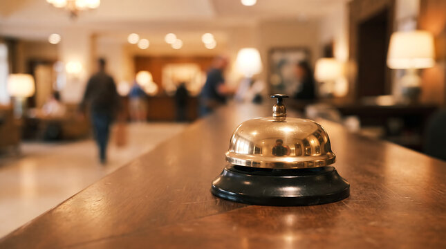 Shiny brass service bell on hotel reception counter with blurred lobby in background.