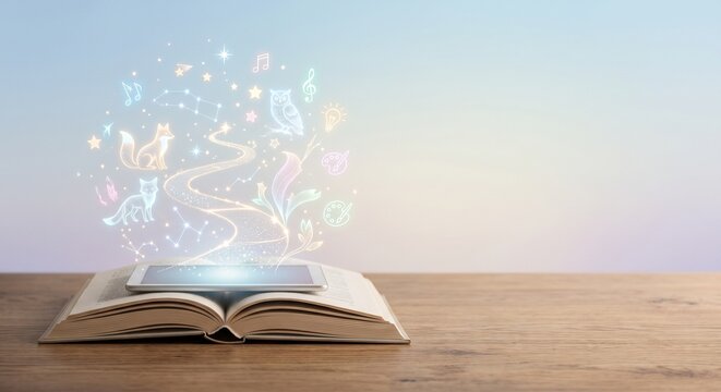 Digital transformation of knowledge presenting interactive learning and creative education concepts on open book with tablet