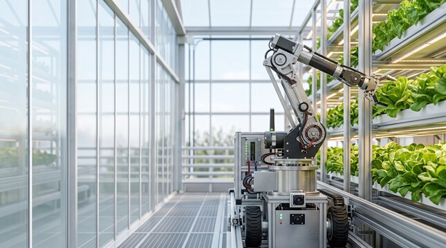Automated robotic arm harvesting fresh green lettuce in modern vertical smart farm
