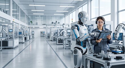Fototapeta premium Humanoid robot collaborating with female engineer in smart factory for maritime digital transformation