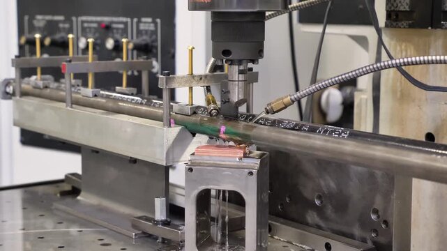Industrial drilling machine working on metal pipe with cooling liquid in automated manufacturing process.