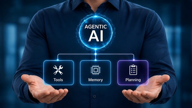 Business professional presenting a glowing blue holographic agentic artificial intelligence network featuring autonomous tools memory and planning capabilities for enterprise automation.