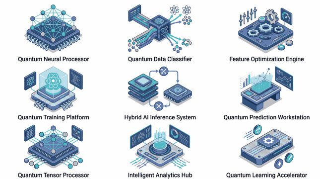 Collection of Isometric Illustrations Representing Quantum Computing and AI Concepts.