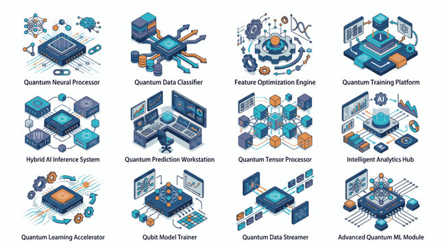 Collection of Isometric Illustrations Depicting Quantum Computing Concepts and Technologies.
