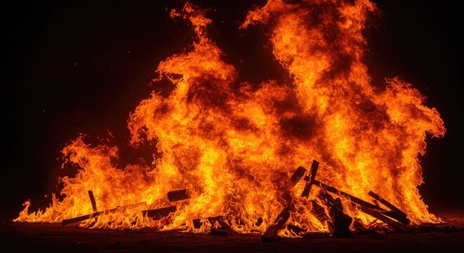 A massive inferno rages with towering orange and red flames, consuming everything in a destructive blaze. Intense heat and overwhelming energy ,inferno ,violent ,wildfire