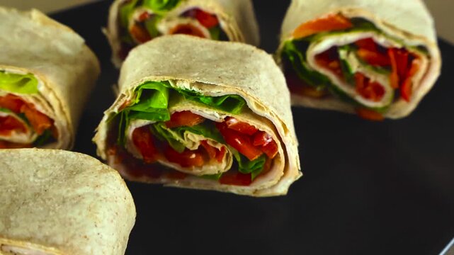Delicious tortilla wraps filled with ham, fresh lettuce, and red peppers, elegantly arranged on a dark plate, representing a healthy and convenient party appetizer or a quick lunch idea