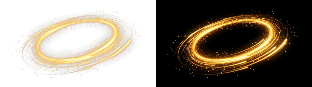 Gold light ring trail with golden sparkles. Glowing magic circle frames isolated on transparent background. Shiny swirl vortex pack