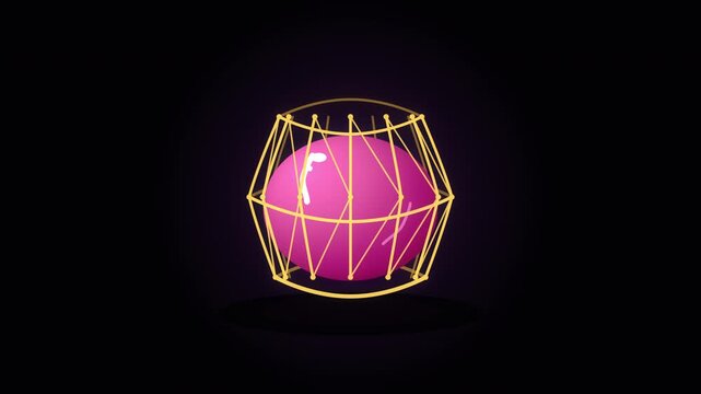 Looping 3d animation pink gelatin sphere inflating descending within golden wireframe lattice, abstract motion graphic