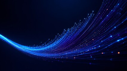 Obraz premium Elegant curved blue fiber optic cables with glowing light particles representing modern telecommunications fast internet connection and flexible digital network communication
