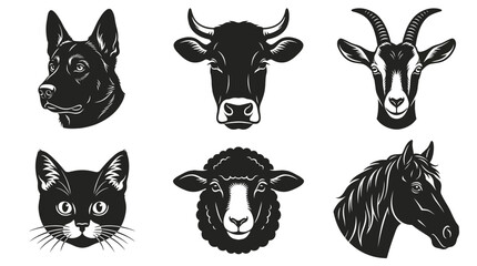 Obraz premium Minimalist Farm and Pet Animal Head Silhouette Icon Set
