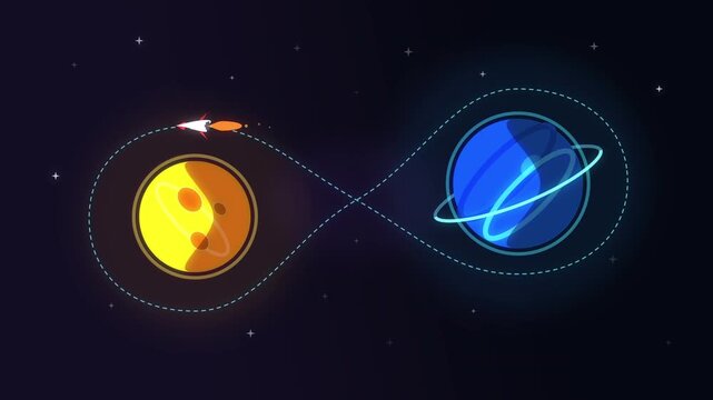Pixel art rocket flies in loop between yellow and blue planets, endless space flight motion graphic