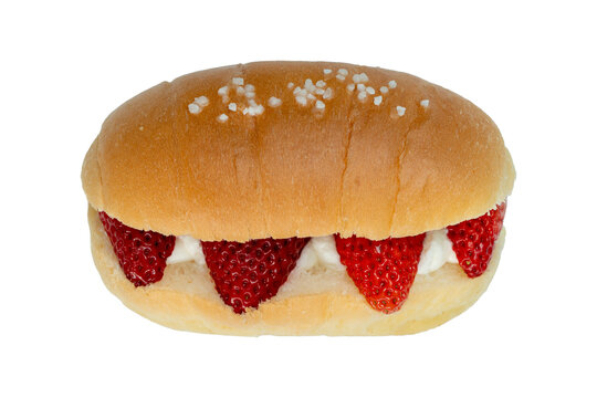 Brown salted bread or Shio pan with fresh strawberries on transparent background, Clipping path, Top view.