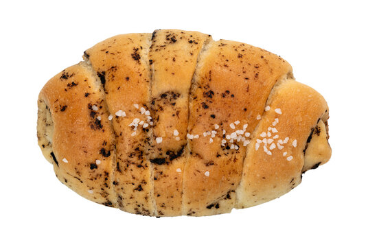 Brown salted bread or Shio pan with truffle mushroom flavor transparent background, Clipping path, Top view.