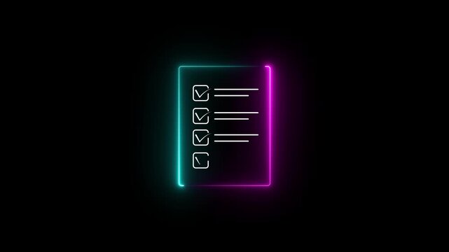 Neon checklist document icon with glowing verified task list symbol for workflow management approval organization productivity compliance digital form and business planning