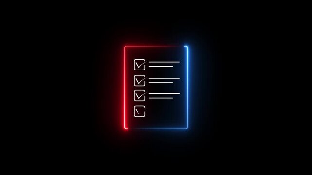 Neon checklist document icon with glowing verified task list symbol for workflow management approval organization productivity compliance digital form and business planning