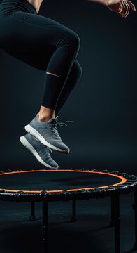 Dynamic, low-impact fitness session emphasizing lymphatic drainage and core strength building. Athletic footwear jumping on a portable rebounder surface ,impact ,athletic ,low impact