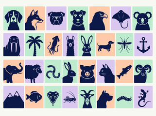 Naklejka premium Minimalist Animal and Nature Icon Set with Colorful Vector Silhouettes