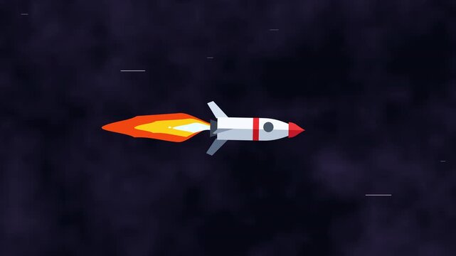 Pixel art rocket flying in deep space, outer space journey loop animation