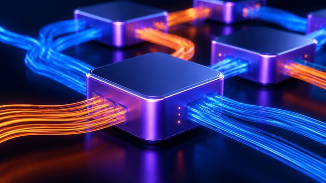 High speed hardware integration concept showing multiple metallic network switches connected by thick glowing fiber optic cables for fast data transmission and enterprise communication